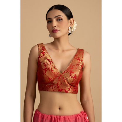 Zal from Benaras Red Shaded Pure Tissue Silk Banarasi Saree with Stitched Blouse