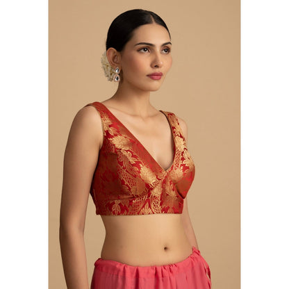 Zal from Benaras Red Shaded Pure Tissue Silk Banarasi Saree with Stitched Blouse