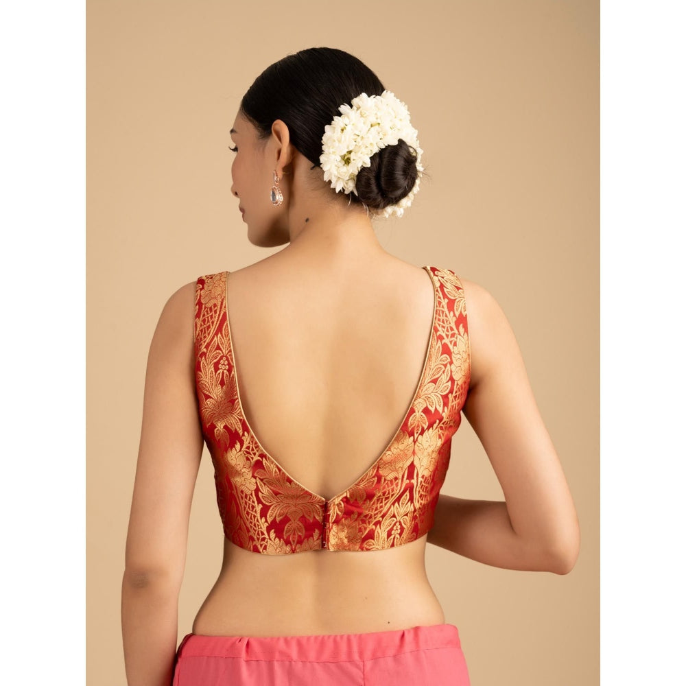 Zal from Benaras Red Shaded Pure Tissue Silk Banarasi Saree with Stitched Blouse