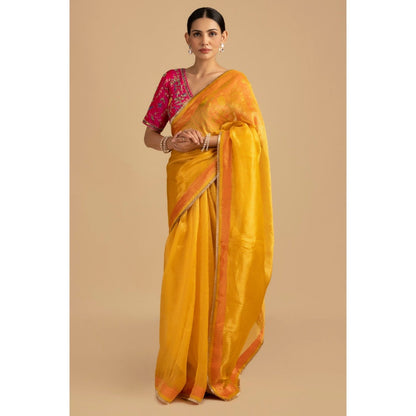 Zal from Benaras Yellow Pure Organza Zari Silk Banrasi Saree with Stitched Blouse
