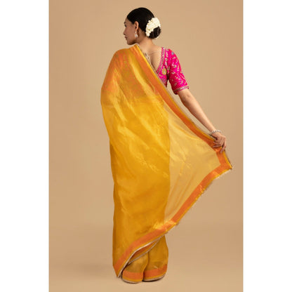 Zal from Benaras Yellow Pure Organza Zari Silk Banrasi Saree with Stitched Blouse