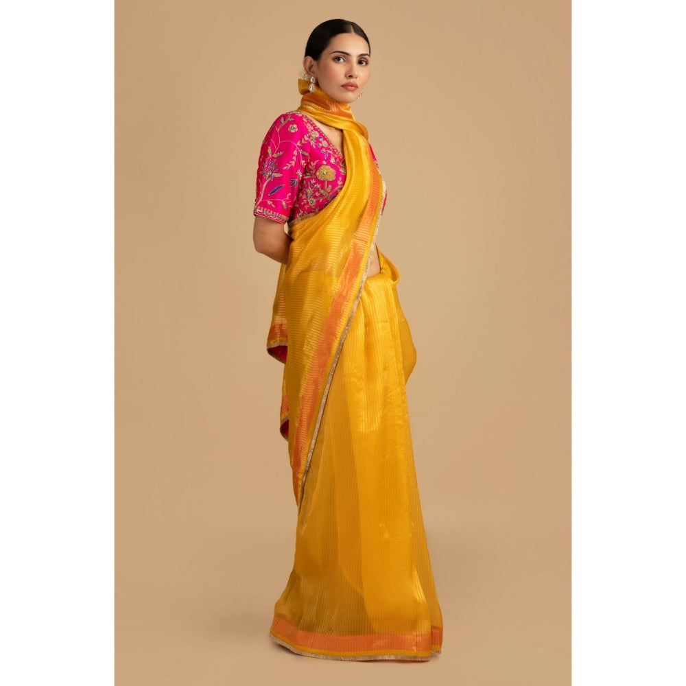 Zal from Benaras Yellow Pure Organza Zari Silk Banrasi Saree with Stitched Blouse