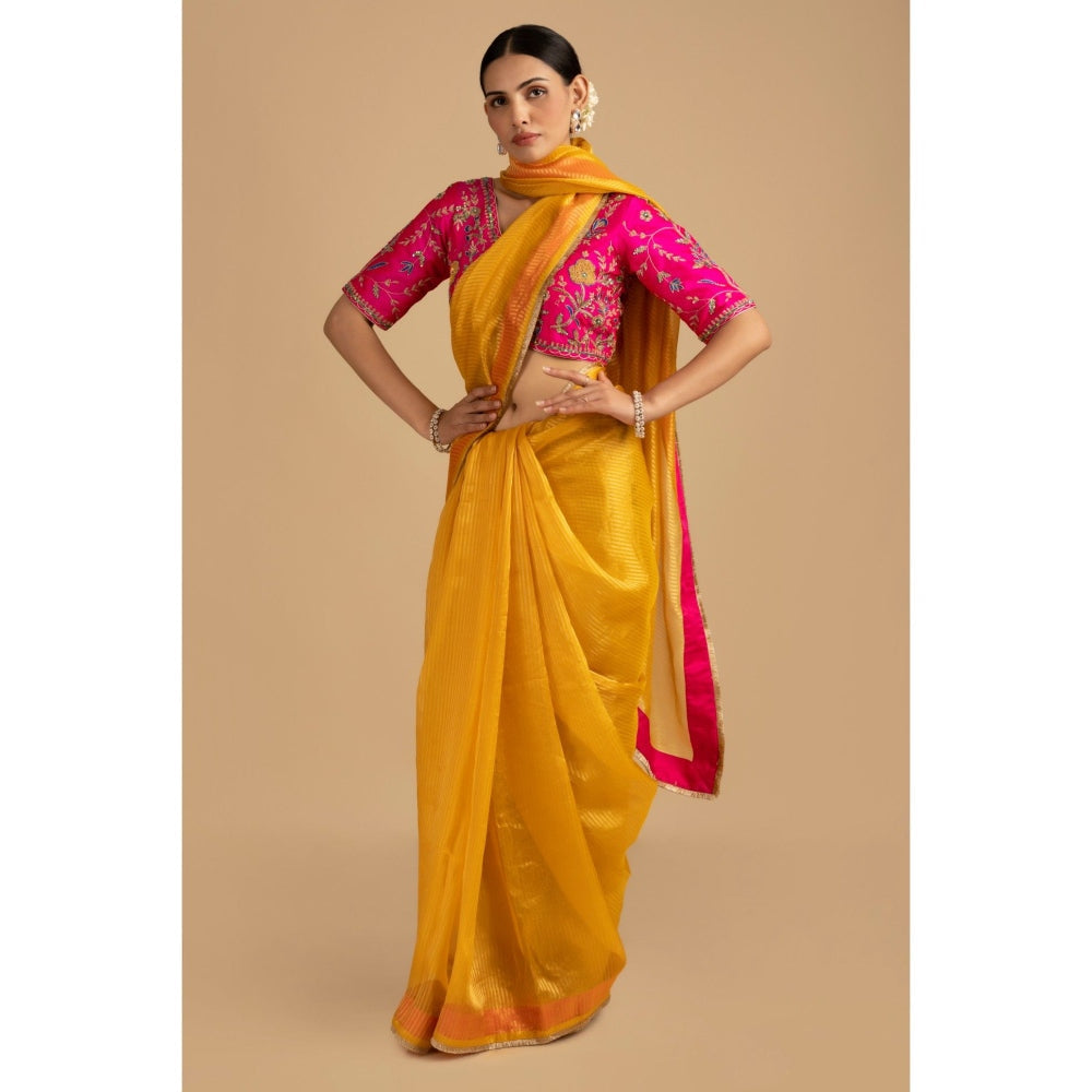 Zal from Benaras Yellow Pure Organza Zari Silk Banrasi Saree with Stitched Blouse
