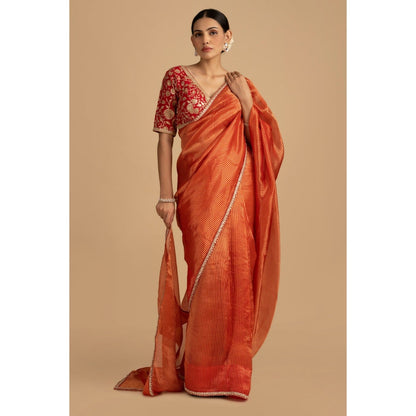 Zal from Benaras Red Pure Organza Zari Silk Banarasi Saree with Stitched Blouse