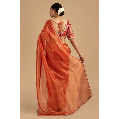 Zal from Benaras Red Pure Organza Zari Silk Banarasi Saree with Stitched Blouse
