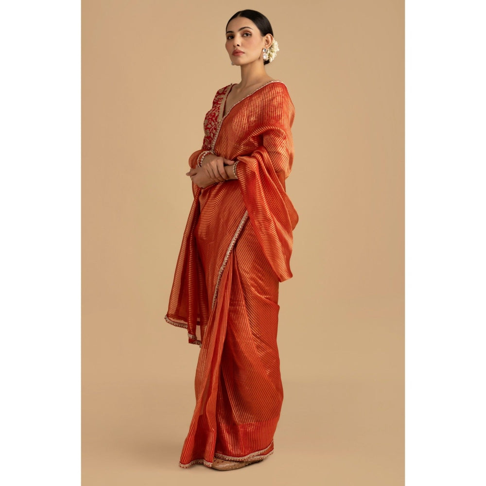 Zal from Benaras Red Pure Organza Zari Silk Banarasi Saree with Stitched Blouse