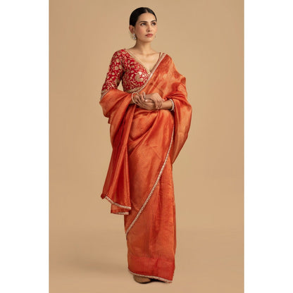 Zal from Benaras Red Pure Organza Zari Silk Banarasi Saree with Stitched Blouse