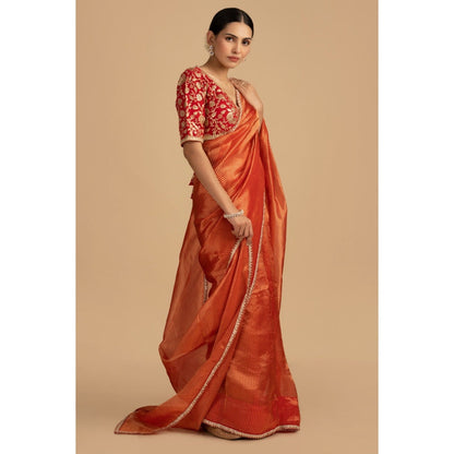 Zal from Benaras Red Pure Organza Zari Silk Banarasi Saree with Stitched Blouse
