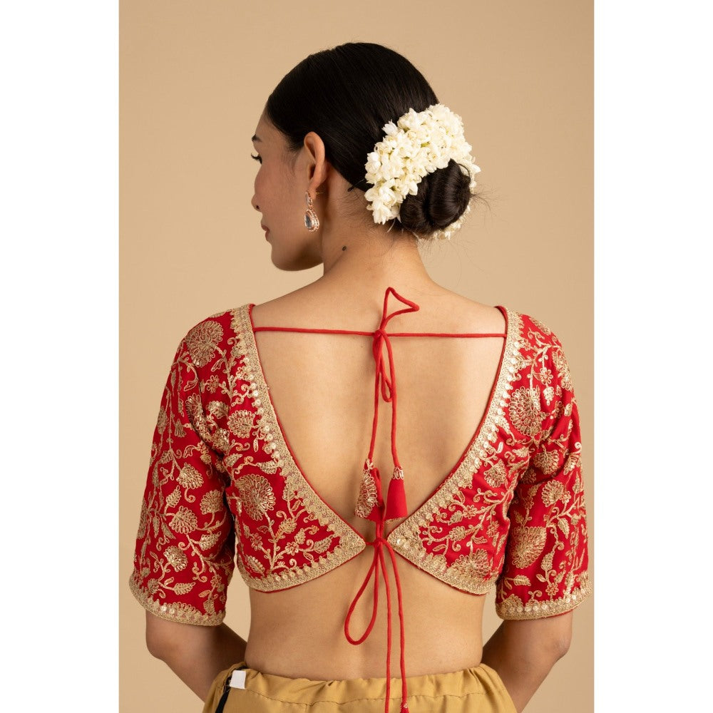 Zal from Benaras Red Pure Organza Zari Silk Banarasi Saree with Stitched Blouse