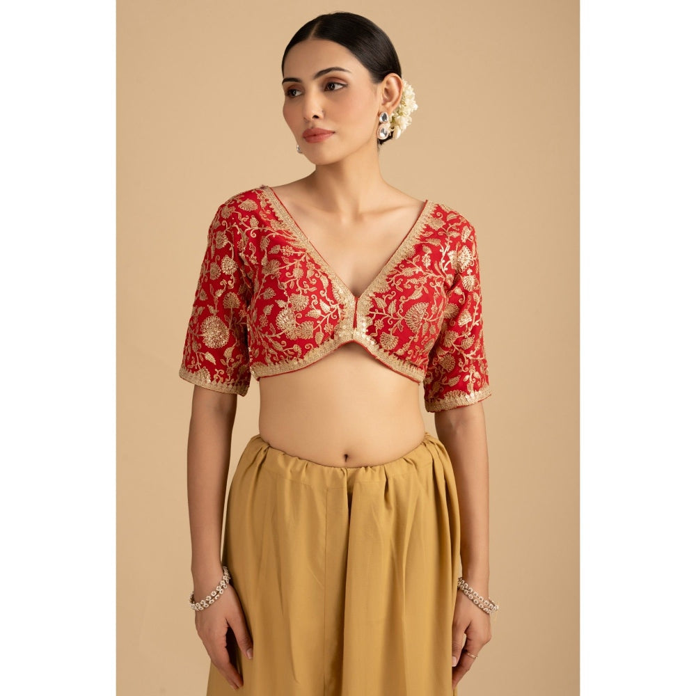 Zal from Benaras Red Pure Organza Zari Silk Banarasi Saree with Stitched Blouse