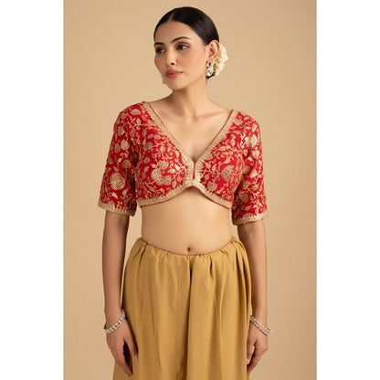 Zal from Benaras Red Pure Organza Zari Silk Banarasi Saree with Stitched Blouse