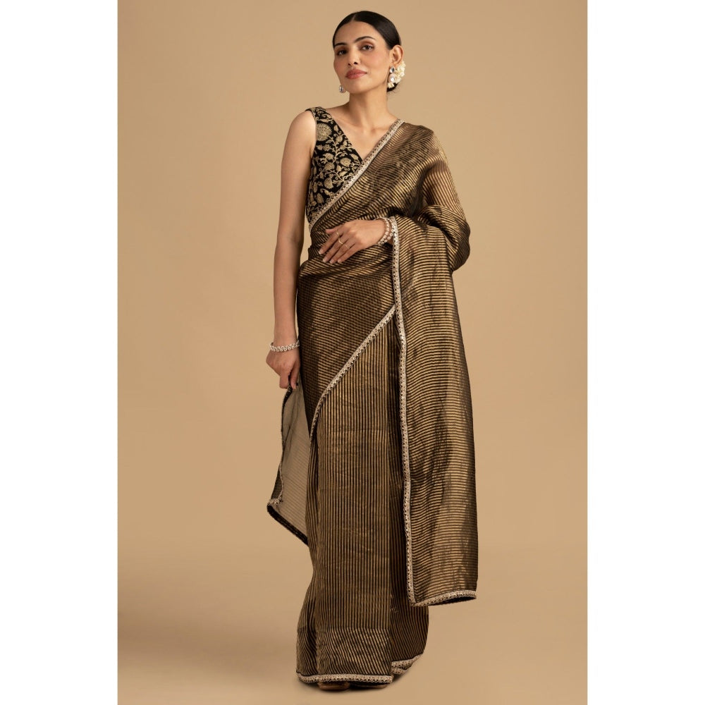 Zal from Benaras Black Pure Organza Zari Silk Banrasi Saree with Stitched Blouse