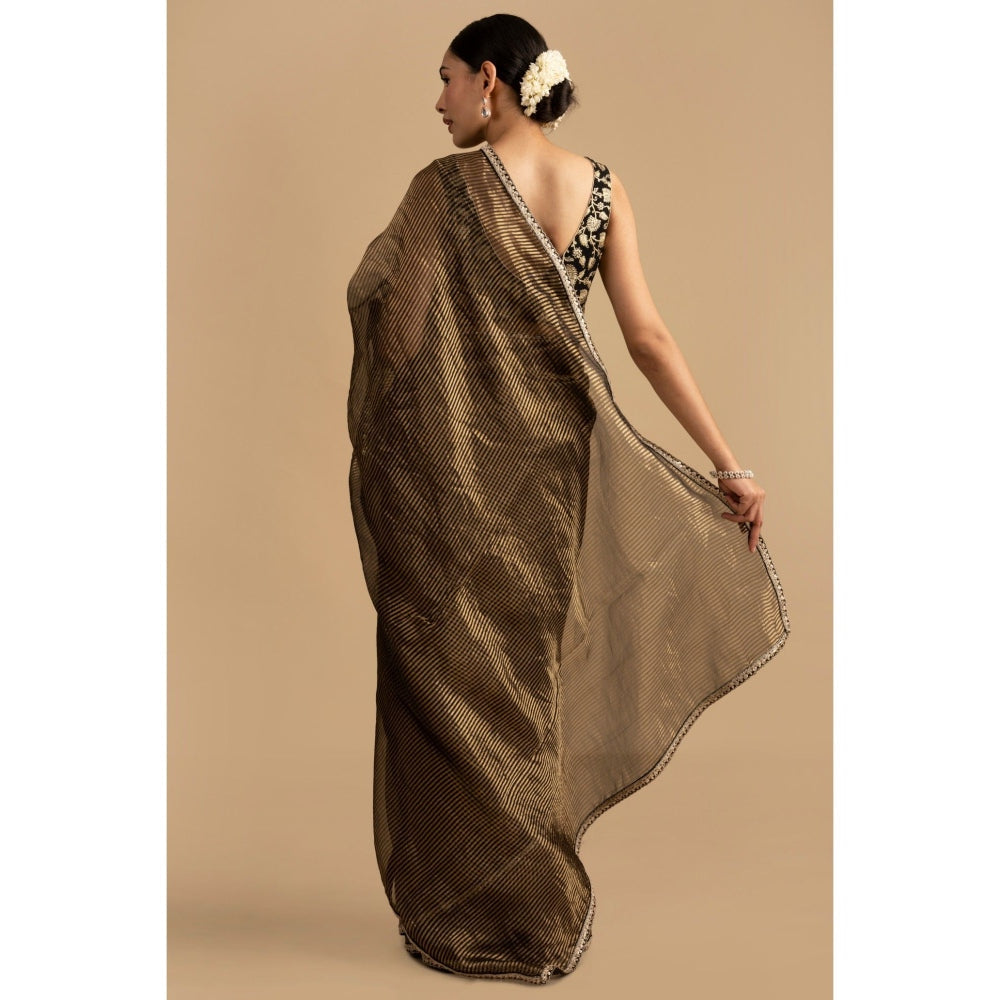 Zal from Benaras Black Pure Organza Zari Silk Banrasi Saree with Stitched Blouse