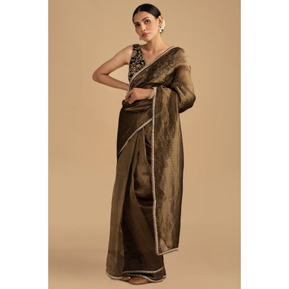 Zal from Benaras Black Pure Organza Zari Silk Banrasi Saree with Stitched Blouse