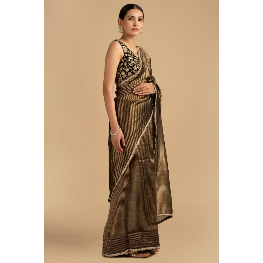 Zal from Benaras Black Pure Organza Zari Silk Banrasi Saree with Stitched Blouse