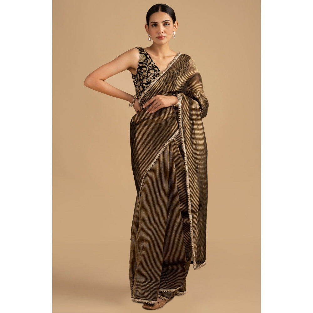 Zal from Benaras Black Pure Organza Zari Silk Banrasi Saree with Stitched Blouse