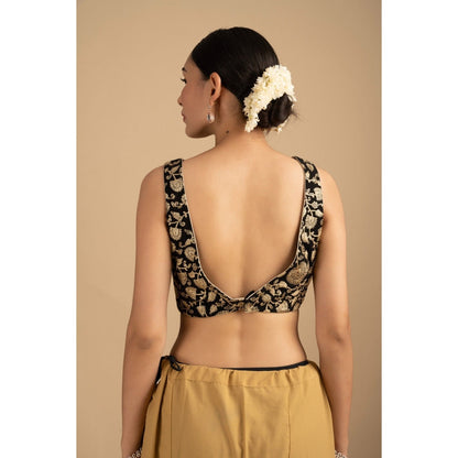 Zal from Benaras Black Pure Organza Zari Silk Banrasi Saree with Stitched Blouse