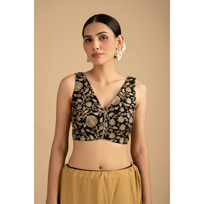 Zal from Benaras Black Pure Organza Zari Silk Banrasi Saree with Stitched Blouse