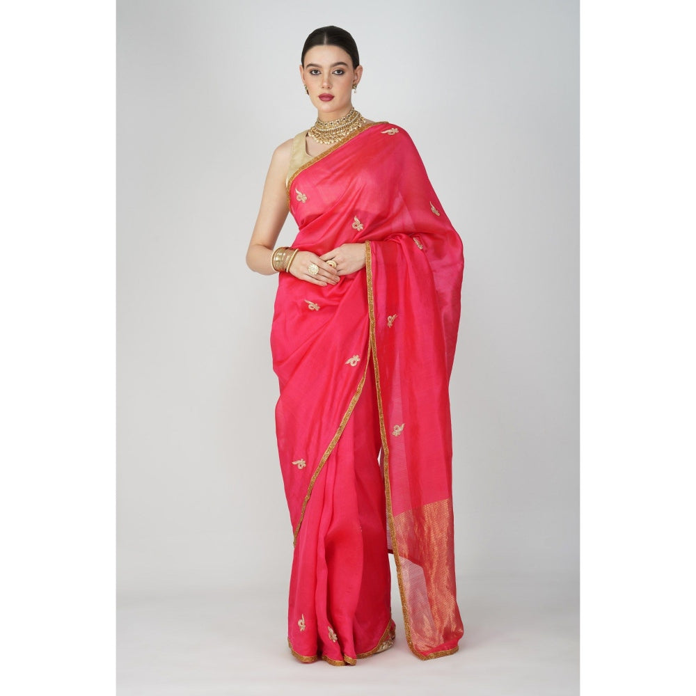 Zal from Benaras Red Pure Chanderi Silk Saree without Blouse