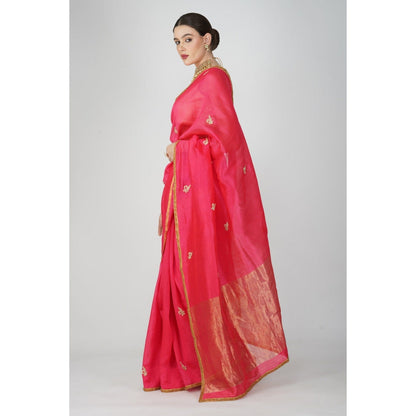 Zal from Benaras Red Pure Chanderi Silk Saree without Blouse