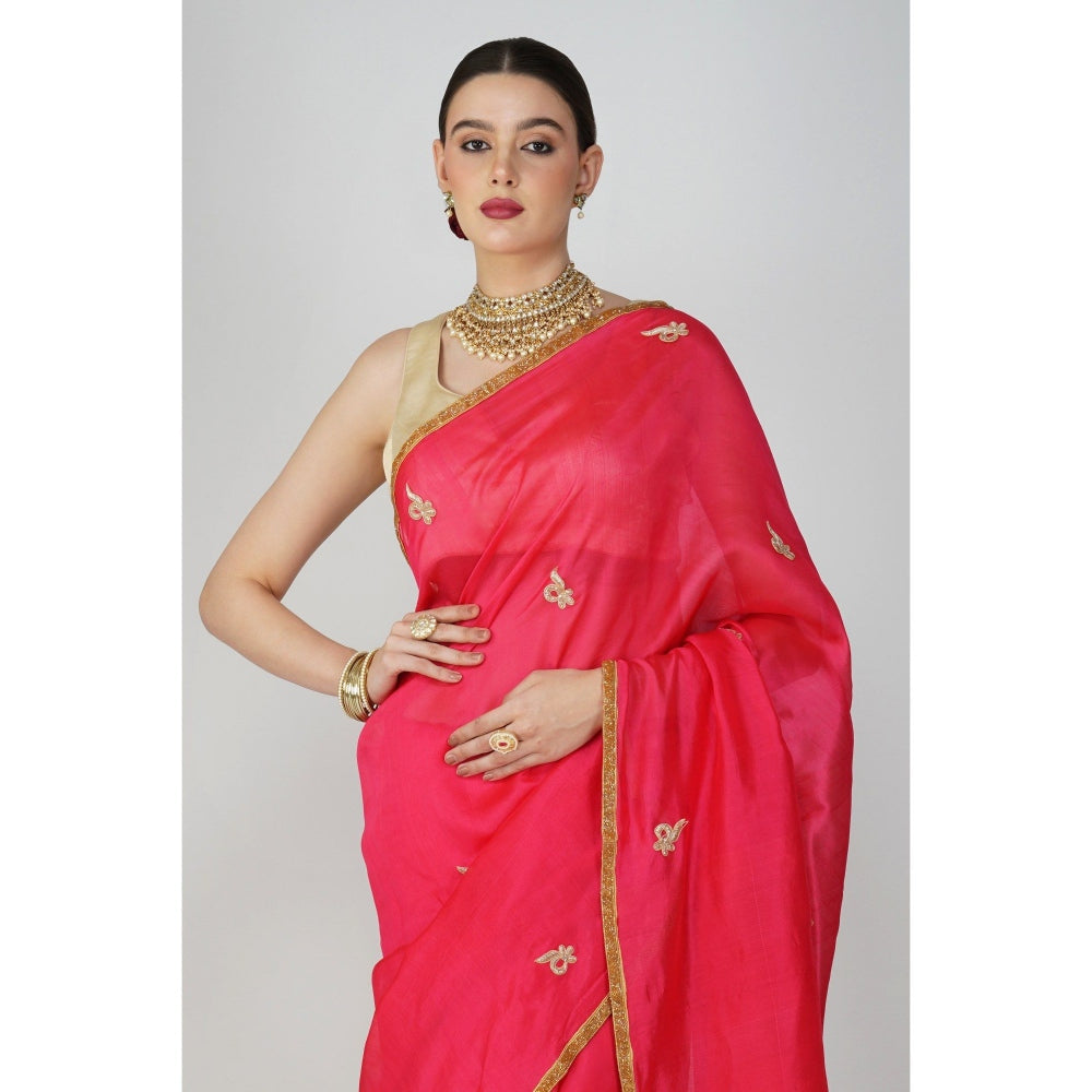 Zal from Benaras Red Pure Chanderi Silk Saree without Blouse