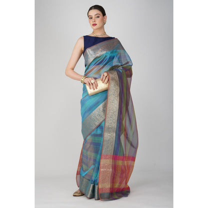 Zal from Benaras Blue Shaded Tissue Silk Banarasi Handloom Saree without Blouse