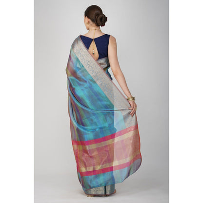 Zal from Benaras Blue Shaded Tissue Silk Banarasi Handloom Saree without Blouse
