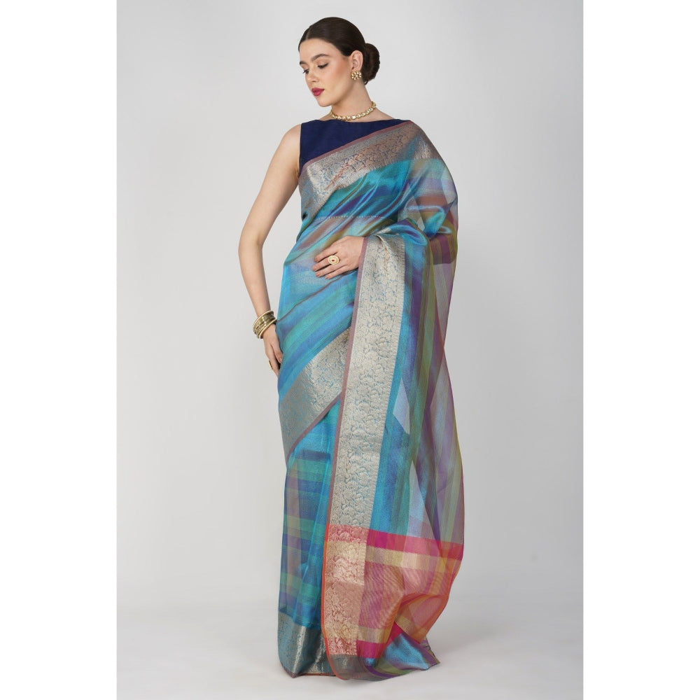 Zal from Benaras Blue Shaded Tissue Silk Banarasi Handloom Saree without Blouse