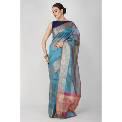 Zal from Benaras Blue Shaded Tissue Silk Banarasi Handloom Saree without Blouse