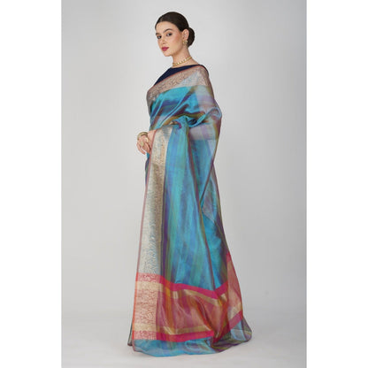 Zal from Benaras Blue Shaded Tissue Silk Banarasi Handloom Saree without Blouse