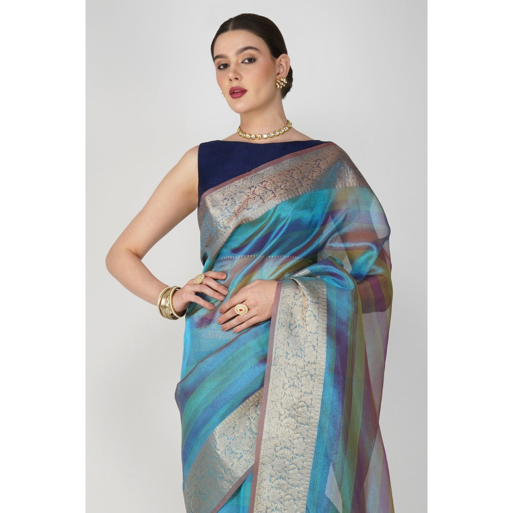 Zal from Benaras Blue Shaded Tissue Silk Banarasi Handloom Saree without Blouse