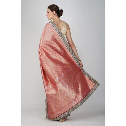 Zal from Benaras Red Pure Katan Silk Khimkhaab Design Banarasi Handloom Saree without Blouse