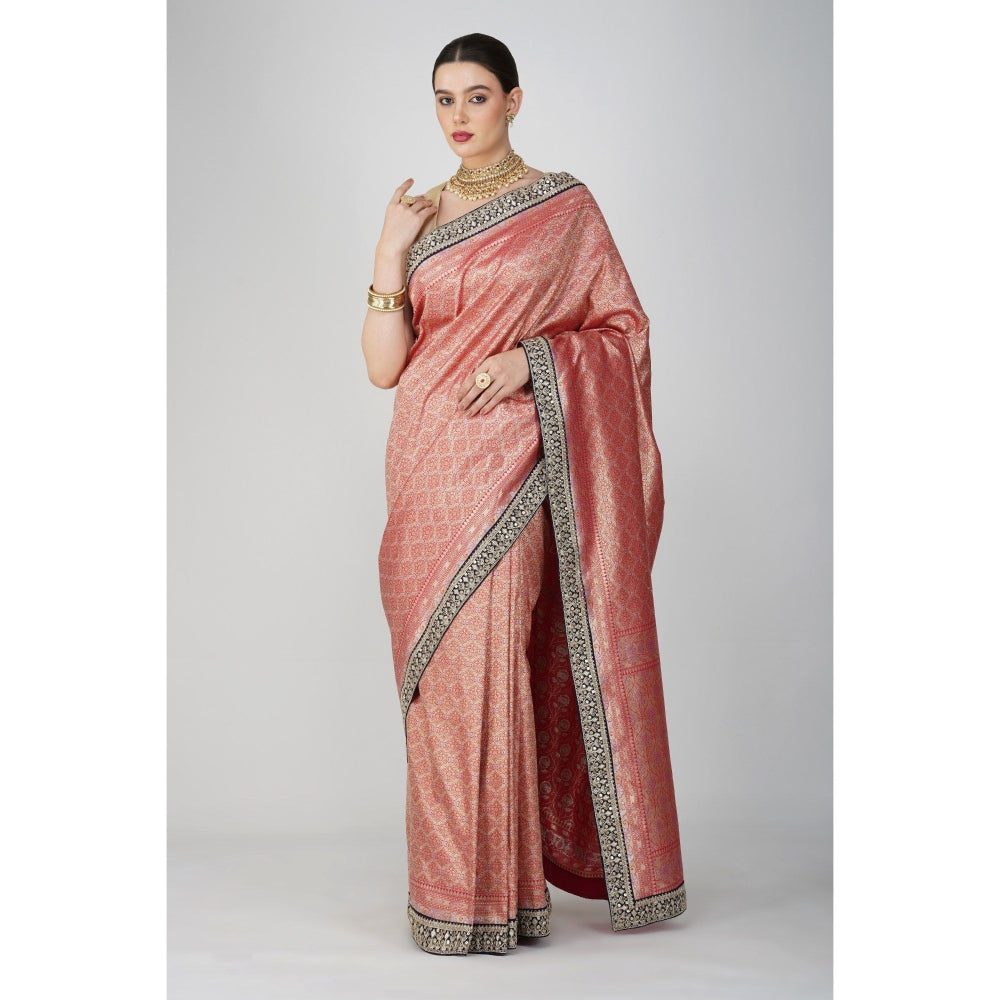 Zal from Benaras Red Pure Katan Silk Khimkhaab Design Banarasi Handloom Saree without Blouse