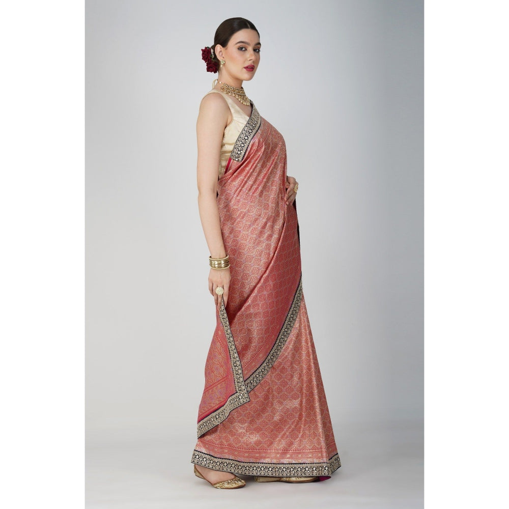 Zal from Benaras Red Pure Katan Silk Khimkhaab Design Banarasi Handloom Saree without Blouse