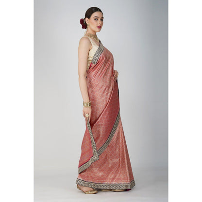 Zal from Benaras Red Pure Katan Silk Khimkhaab Design Banarasi Handloom Saree without Blouse