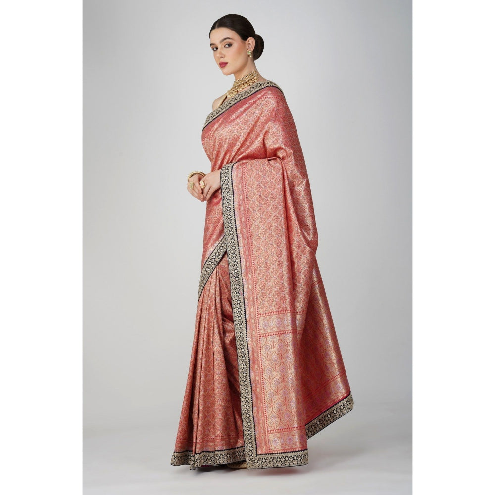 Zal from Benaras Red Pure Katan Silk Khimkhaab Design Banarasi Handloom Saree without Blouse