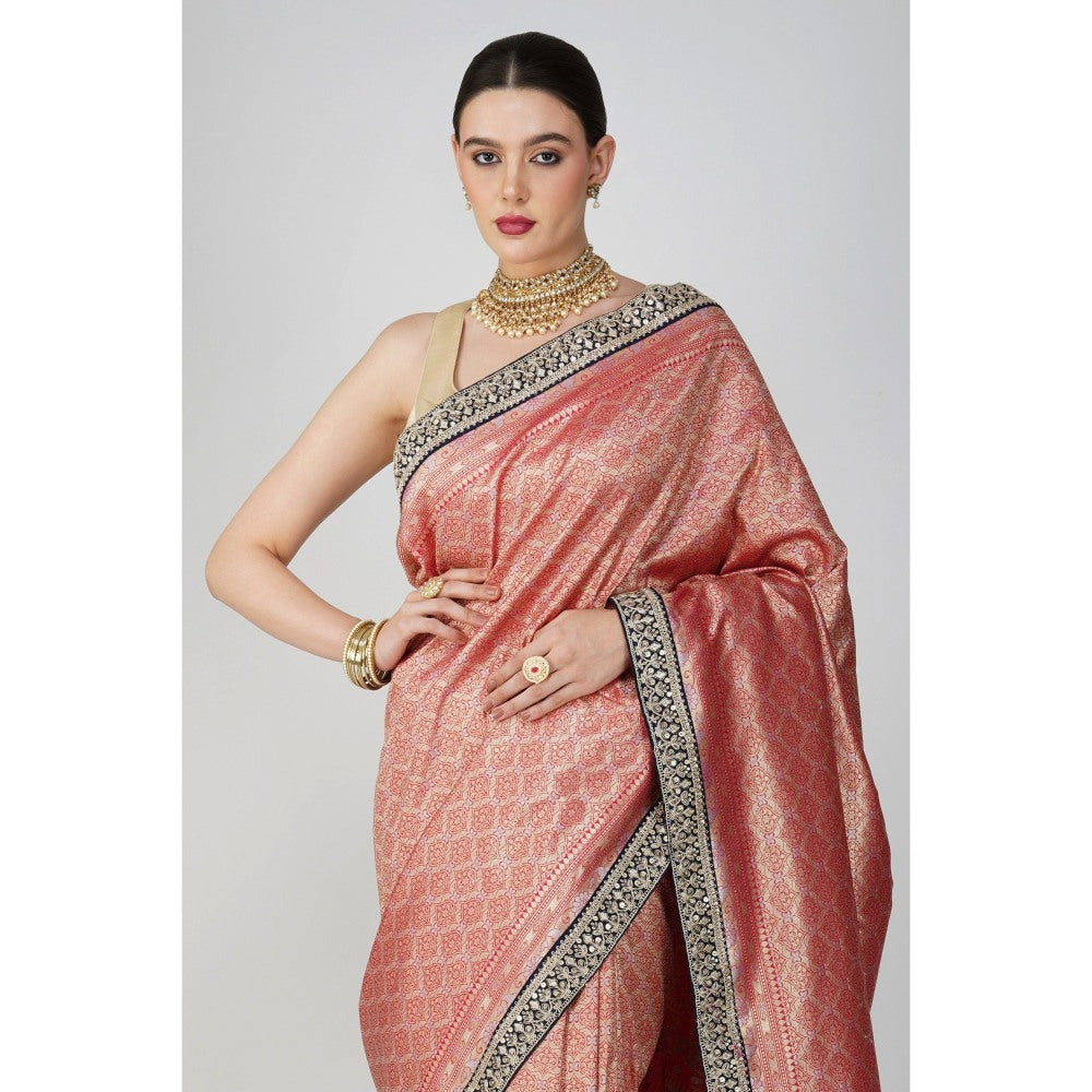 Zal from Benaras Red Pure Katan Silk Khimkhaab Design Banarasi Handloom Saree without Blouse