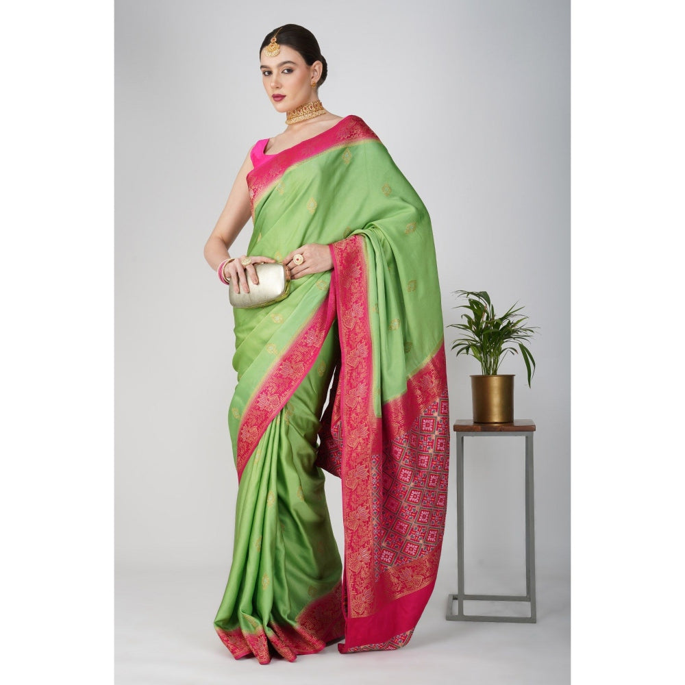 Zal from Benaras Parrot Green Pure Katan Silk Banarsi Handloom Saree without Blouse