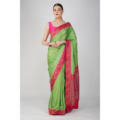 Zal from Benaras Parrot Green Pure Katan Silk Banarsi Handloom Saree without Blouse