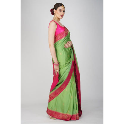 Zal from Benaras Parrot Green Pure Katan Silk Banarsi Handloom Saree without Blouse