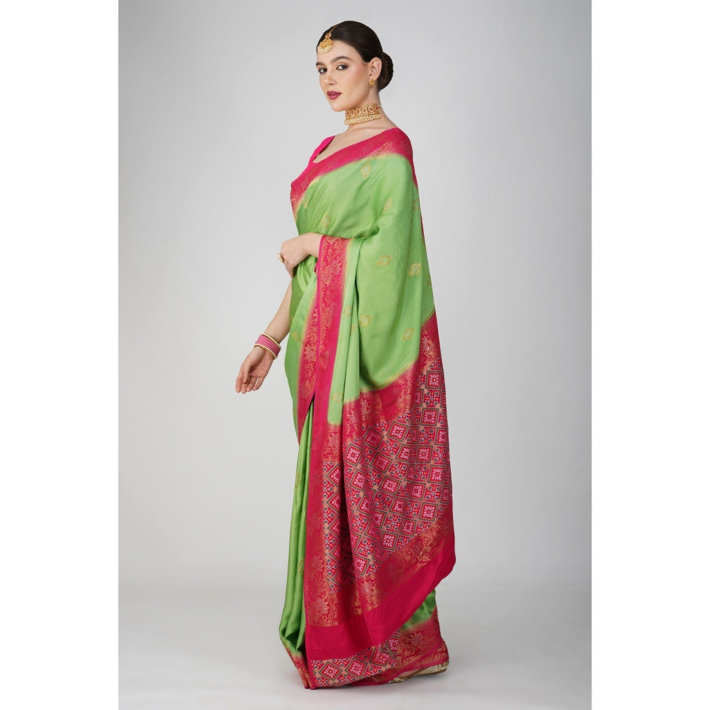 Zal from Benaras Parrot Green Pure Katan Silk Banarsi Handloom Saree without Blouse