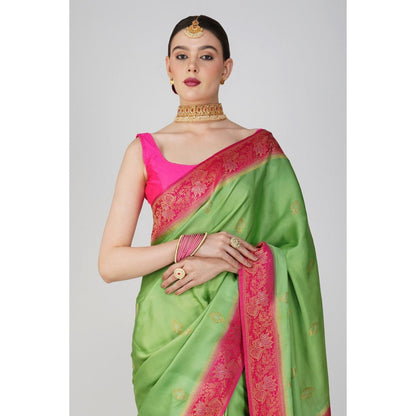 Zal from Benaras Parrot Green Pure Katan Silk Banarsi Handloom Saree without Blouse