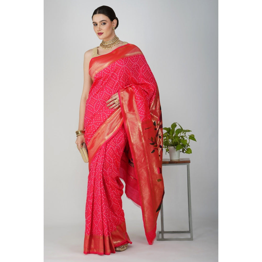 Zal from Benaras Pink Pure Silk Paithani Bandhej Work Saree without Blouse