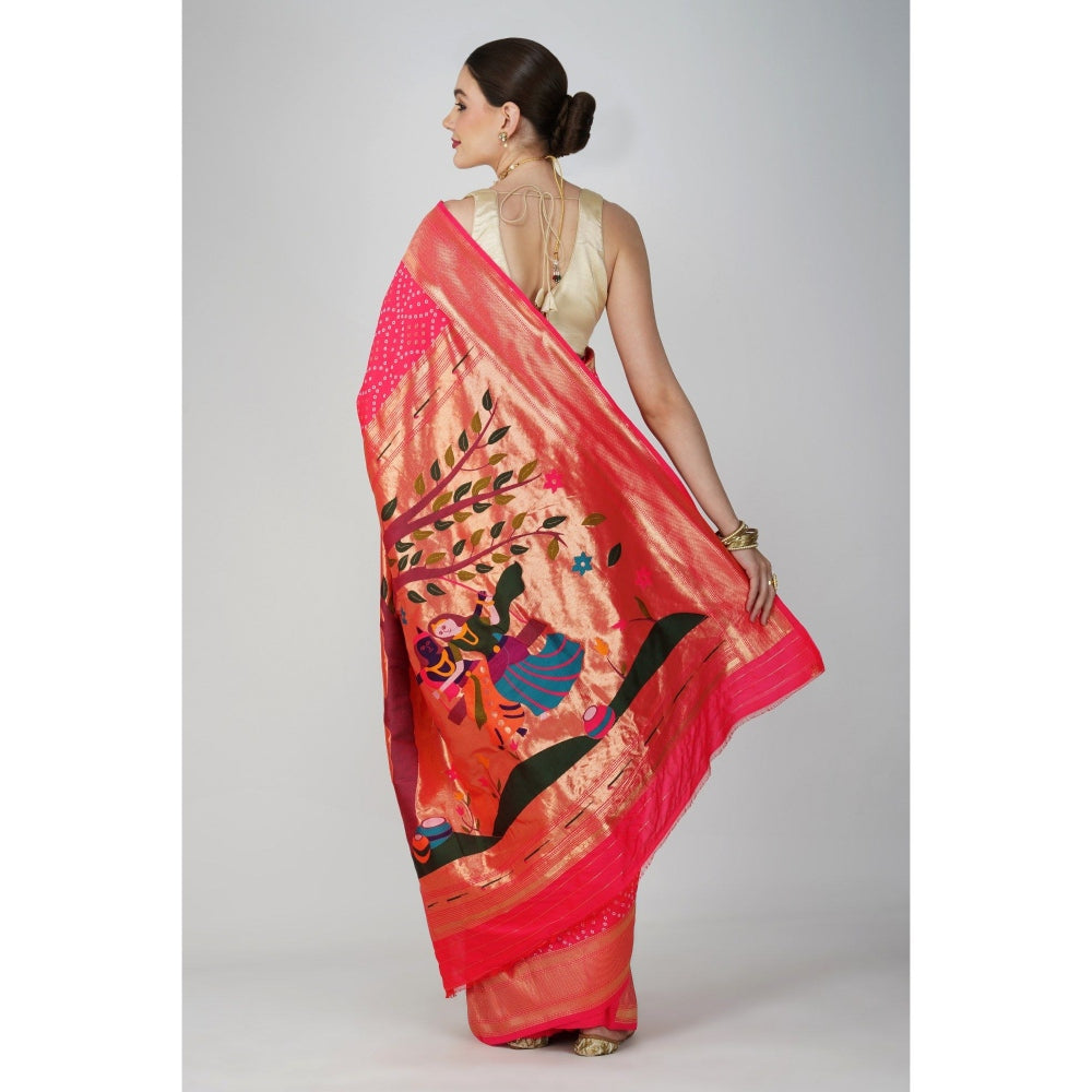 Zal from Benaras Pink Pure Silk Paithani Bandhej Work Saree without Blouse