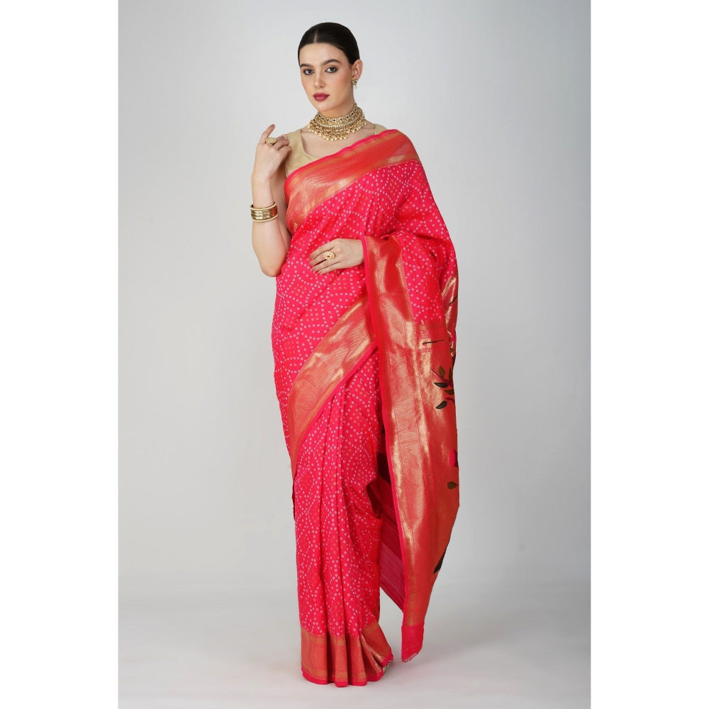 Zal from Benaras Pink Pure Silk Paithani Bandhej Work Saree without Blouse