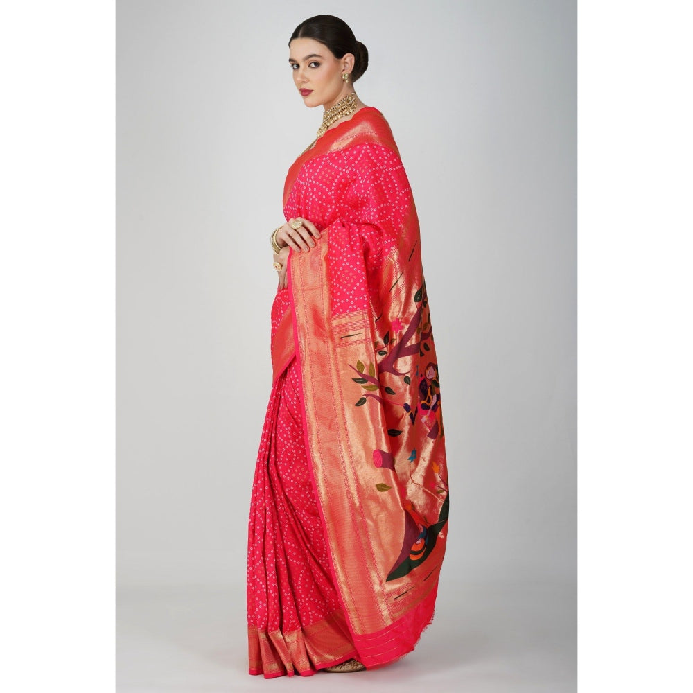 Zal from Benaras Pink Pure Silk Paithani Bandhej Work Saree without Blouse