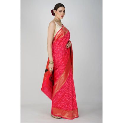 Zal from Benaras Pink Pure Silk Paithani Bandhej Work Saree without Blouse