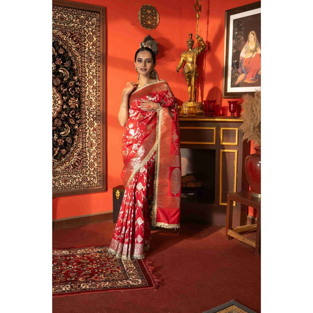 Zal from Benaras Red Pure Katan Silk Banarasi Jangla Work Saree without Blouse