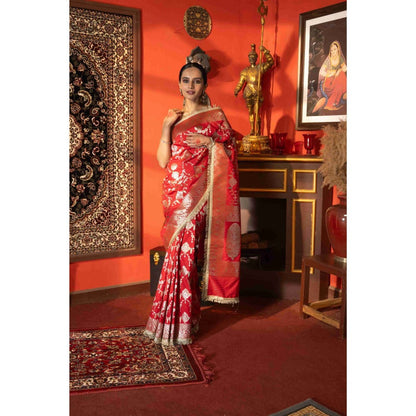Zal from Benaras Red Pure Katan Silk Banarasi Jangla Work Saree without Blouse