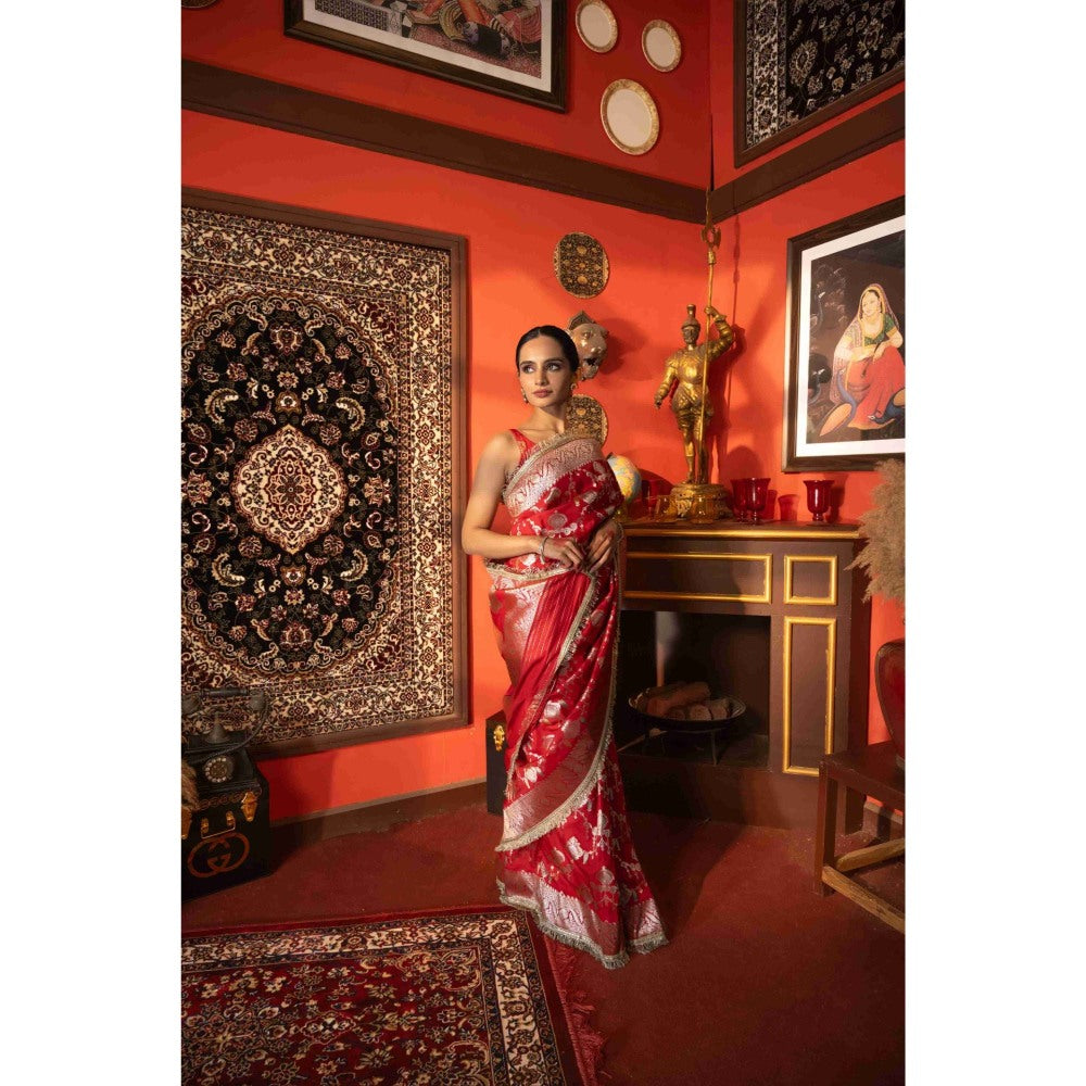 Zal from Benaras Red Pure Katan Silk Banarasi Jangla Work Saree without Blouse